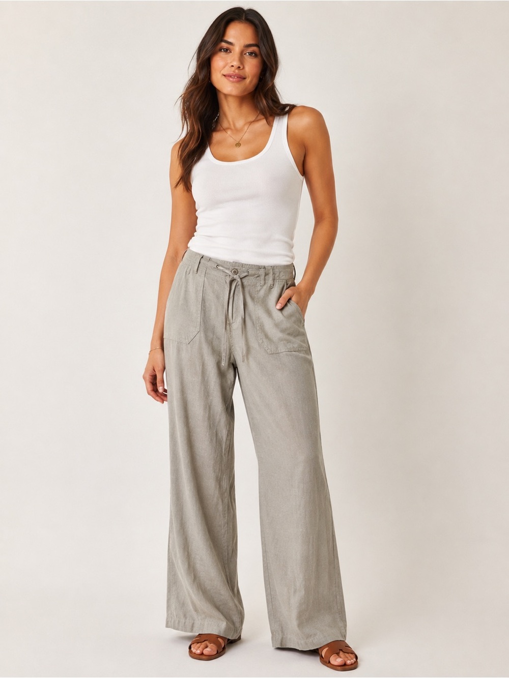 Just Living Linen Blend Wide-Leg Drawstring Pants Light Gray Size Large